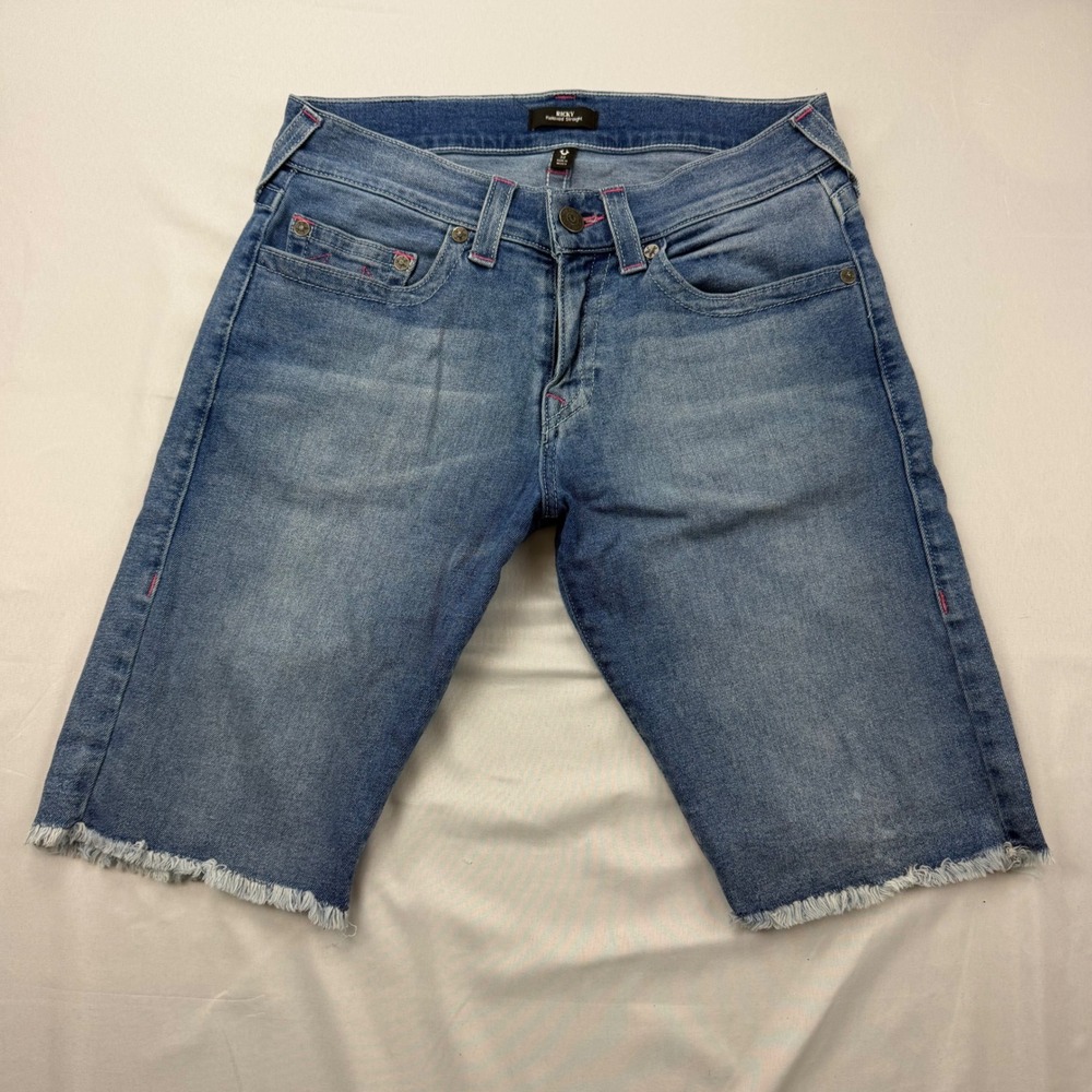 True‎ Religion Ricky Denim Shorts Mens 32 Blue Pink Stitch Frayed Hem Relaxed